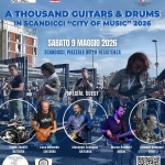 A Thousand Guitars & Drums in Scandicci City of Music 2026 Potrebbe essere un'immagine raffigurante chitarra e il seguente testo "FILARMONICA VINCENZO BELLINI REGHOND TOSCANA لة COMUNEDI SCANDICCI CITTA HETAOPy cTAHETBpopЛAbl nΑЛΑ A THOUSAND GUITARS & DRUMS IN SCANDICCI "CITY OF MUSIC" 2026 SABATO 9 MAGGIO 2026 SCANDICCI, PIAZZALE DELLA RESISTENZA SPECIAL GUEST Ivano Zanotti BATTERIA Luca Colombo CHITARRA Giuseppe Scarpato CHITARRA Marco Polidori BASSO Lorenza Campani VOCE Damasound Evento aperto ISCRIVITI QUI! tuttii chitarristi, bassisti batteristi d'Italia"