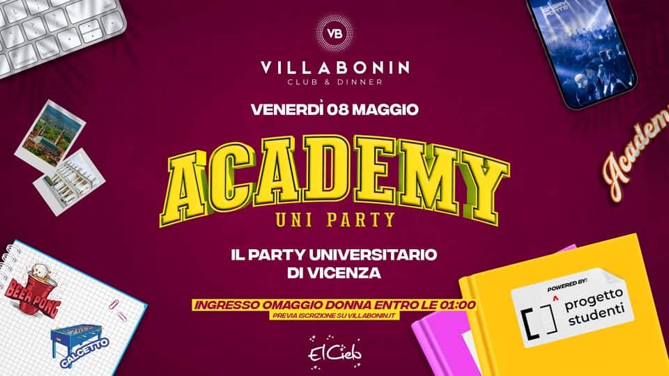 Academy – Uni Party – El Cielo @VillaBonin Potrebbe essere un contenuto grafico raffigurante testo