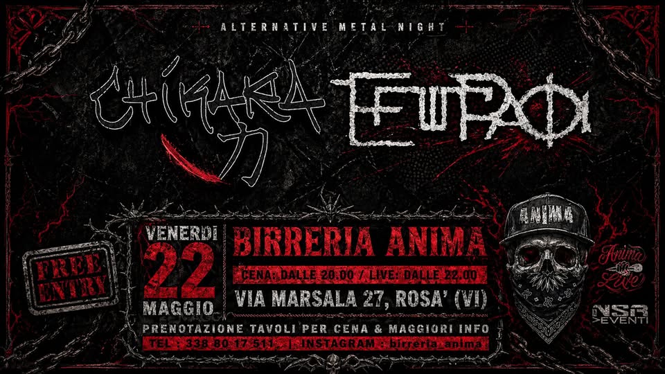 Evento Alternative Metal Night Chikara Epigrafi @ANIMA(Cena Live) Locandina Alternative Metal Night Chikara Epigrafi @ANIMA(Cena Live) - venerdì 22 maggio ore 21:45 - 23:45