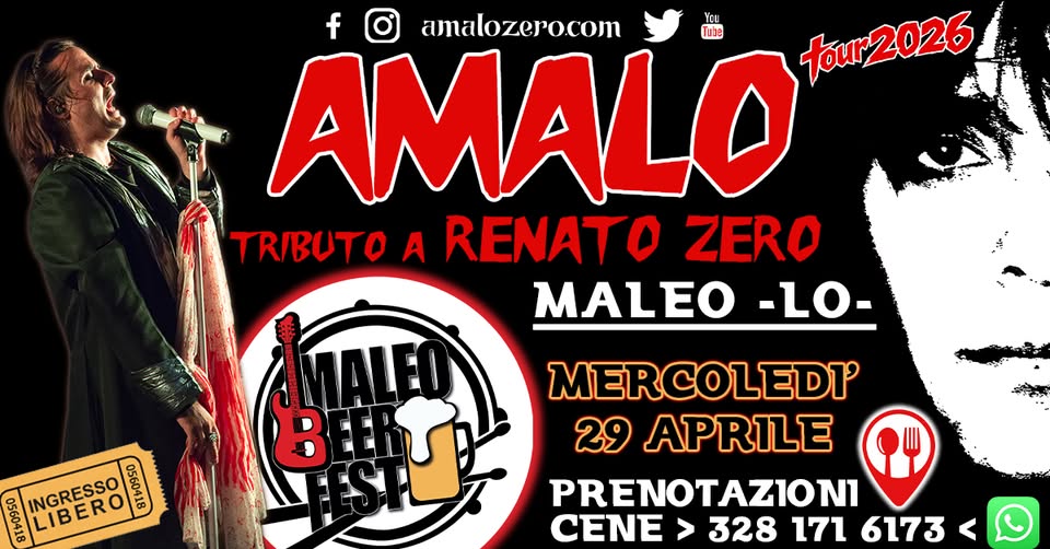 Evento AMALO – Renato Zero tribute – BEER FEST 2026 – Maleo (LO) Locandina AMALO – Renato Zero tribute – BEER FEST 2026 – Maleo (LO) - mercoledì 29 aprile ore 21:30 - 23:30