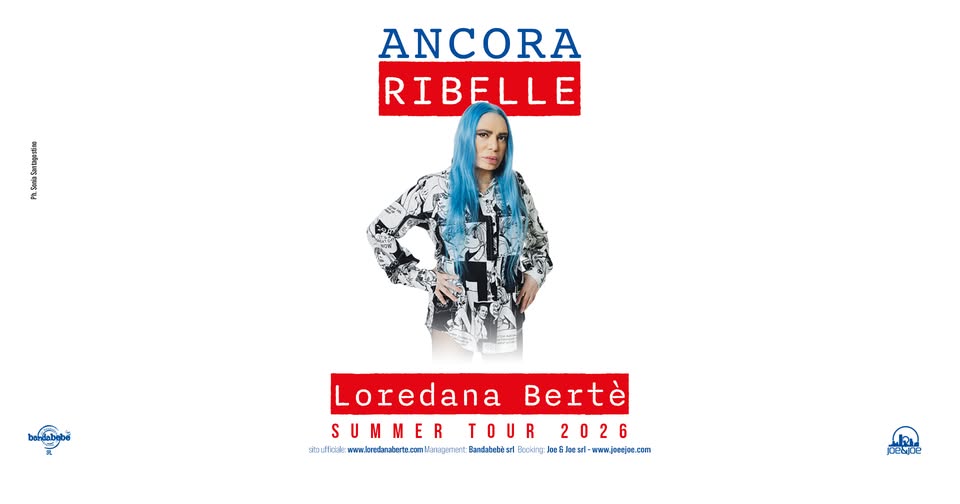 ANCORA RIBELLE – SUMMER TOUR 2026 // Carrara Potrebbe essere un contenuto di pop art raffigurante testo