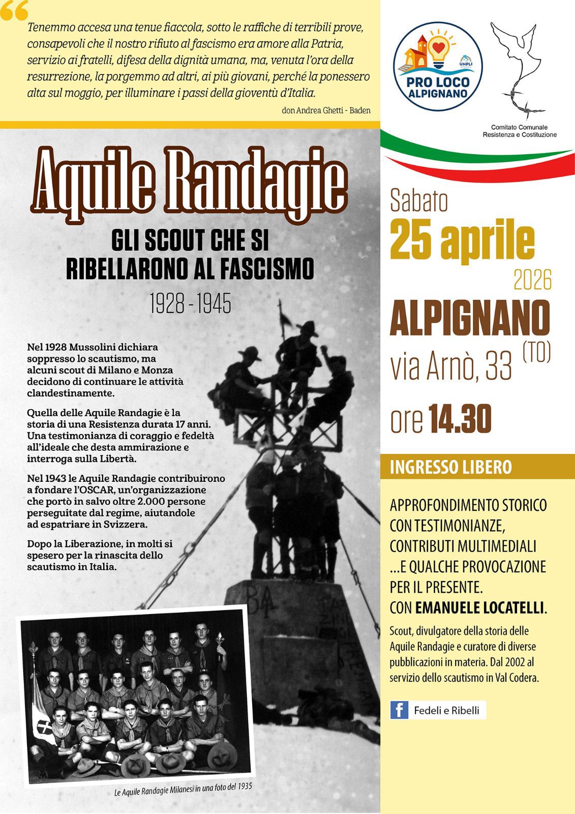 Evento Aquile Randagie Gli Scout Che Si Ribellarono Al Fascismo Locandina Aquile Randagie Gli Scout Che Si Ribellarono Al Fascismo - sabato 25 aprile ore 14:30 - 16:30