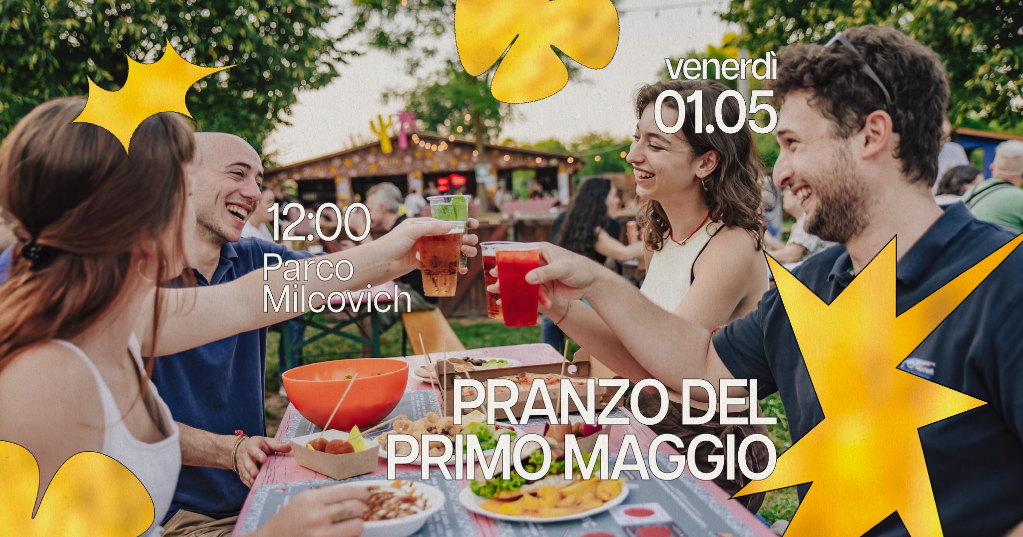 Arcella Bella • Pranzo del Primo Maggio (live) Potrebbe essere un'immagine raffigurante una o più persone, bevanda e il seguente testo "கலரச் venerdì 01.05 12:00 Parco Milcovich PRANZO DEL PRIMO MAGGIO"