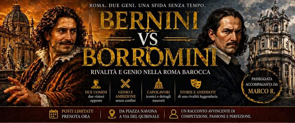 Potrebbe essere un'immagine raffigurante il seguente testo "ROMA. DUE GENI. UNA SFIDA SENZA TEMPO. BERNINI VS BORROMINI RIVALITÀ E GENIO NELLA ROMA BAROCCA DUE U JOMINI opposte GENIOE MBIZIONE senza CAPOI AVORI iconiciedettagli iconicie dettagli nascosti POSTILIMITATI! POSTI PRENOTAC ORA STORIE ANEDDOTI juna diunarivalitaleggendaria rivalita leggendaria PASSEGGIATA ACCOMPAGANTA DA MARCO R. DA PIAZZA APIAZZANAVONA NAVONA VIA DEL QUIRINALE UNRACCONTO.AVVINCENTEDI AVVI UNRACCONTO AVVINCENTEDI COMPETIZIONE, COMPETIZIONT,PASIONE.PEREZO TIZIONE, PASSIONE EPERFEZIONE."
