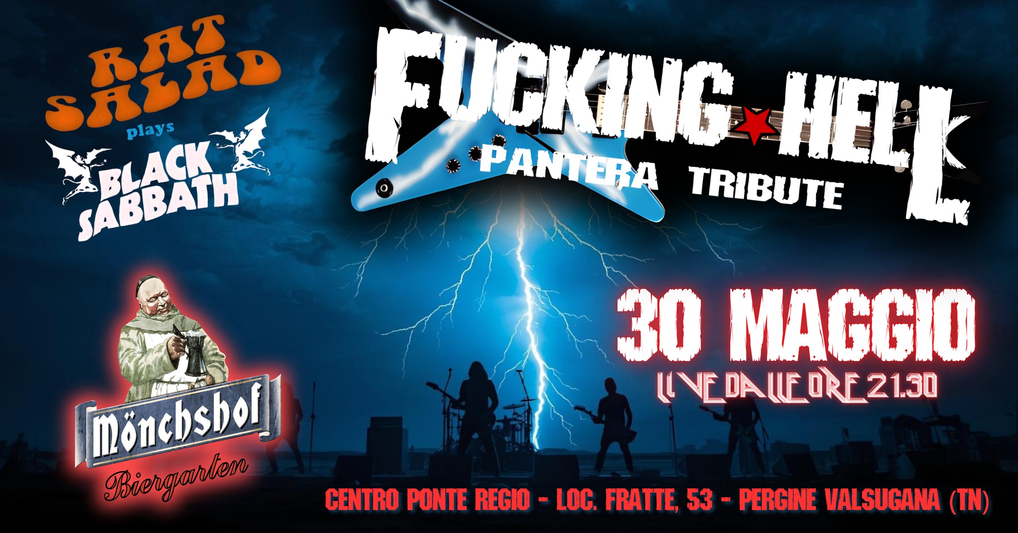 BLACK SABBATH and PANTERA Tribute // LIVE@BiergartenMönchshof – PERGINE (TN) Potrebbe essere un'immagine raffigurante il seguente testo "ፅኒለው ጸ፴፫ plays នា SABBATH ัย BLACK FUCKING PANTERA HELK TRIBUTE [moncbsbolj Biergarlien 23 MAGGIO UNEDAUFORF21.30 CENTRO PONTE REGIO -LOC. FRATTE, 53- PERGINE VALSUGANA (TN)"