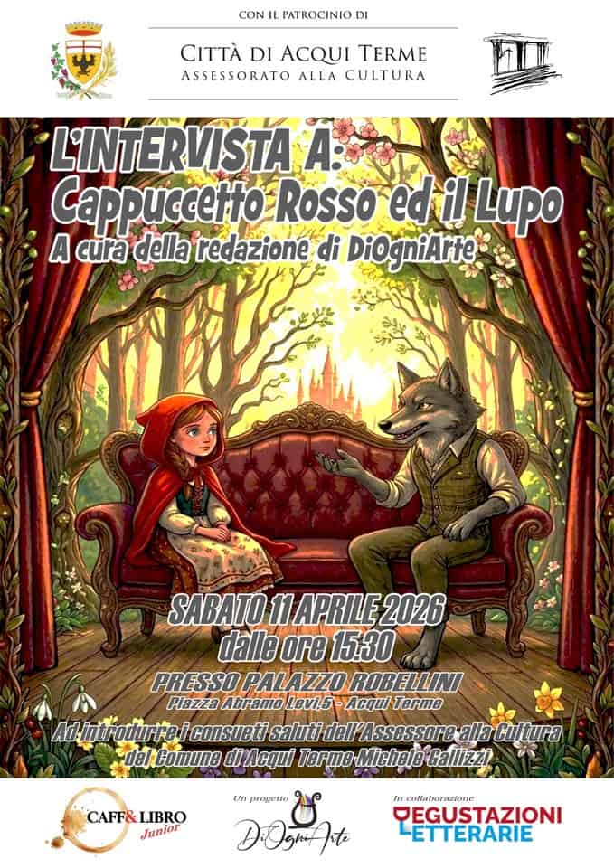 CAFF&LIBRO JUNIOR 2026 – L’intervista a: Cappuccetto Rosso ed il Lupo Potrebbe essere un'illustrazione raffigurante il seguente testo "CON IL PATROCINIO DI s CИTTΑ DI ACQUI TERME ASSESSORATO ALLA CULTURA LINTERVISTA A: Cappuccetto Rosso ed edi! il Lupo A cura della redazione di DiOgniArte: SABATO SABATO11APRILE2026 1APRILE 2026 dalle ore 15.30 PRESSO PALAZZO ROBELLINI Plazza Abramo Levi.5 Acqul Terme Ad-introdurrei consueti saluti dell Assessore alla alla-Cultura del Comune di u Terme-MicheleGallizt CAFF&LIBRO CAFF8 Junior Un rargettra DOghinte in colibarnzione DEGUSTAZIONI ETTERARIE"