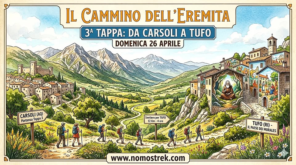 📍Cammino dell’Eremita 3° Tappa con Nomos Trek 🥾 Potrebbe essere un'immagine raffigurante il seguente testo "IL CAMMINO DELL' DELL'EREMITA 3A TAPPA: DA CARSOLI A TUFO DOMENICA 26 APRILE CARSOL CARSOLI(AQ) (AQ) Partenza PartenzaTappa Tappa3 E Sentiero per TUFO 12Km-4 · Km 4ore www.nomostrek.com TUFO (RI)- ILPAESE DEI MURALES"