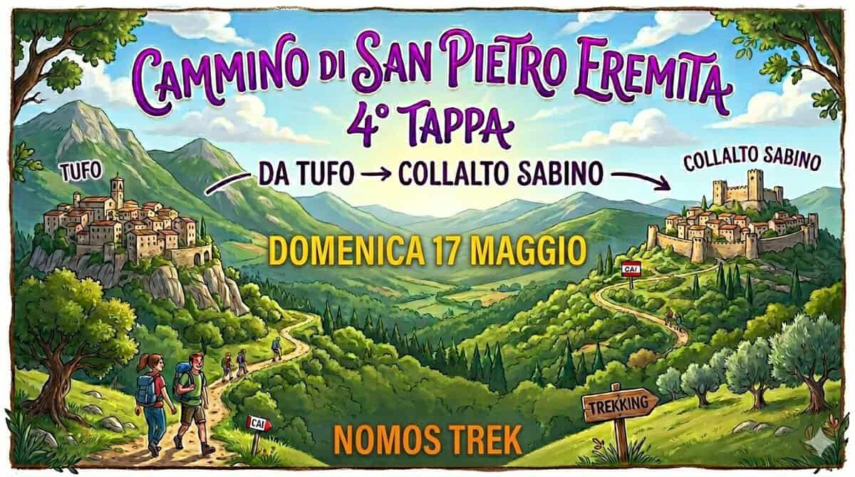 📍Cammino di San Pietro Eremita (4° tappa) da Tufo a Collalto Sabino con Nomos Trek 🌳 Potrebbe essere un'immagine raffigurante il seguente testo "TUFO CAMMINO DISAN PIETRO EREMITA 4 TAPPA DA TUFO → COLLALTO SABINO COLLALTO SABINO DOMENICA 17 MAGGIO CAT CAI TREKKING NOMOS TREK"
