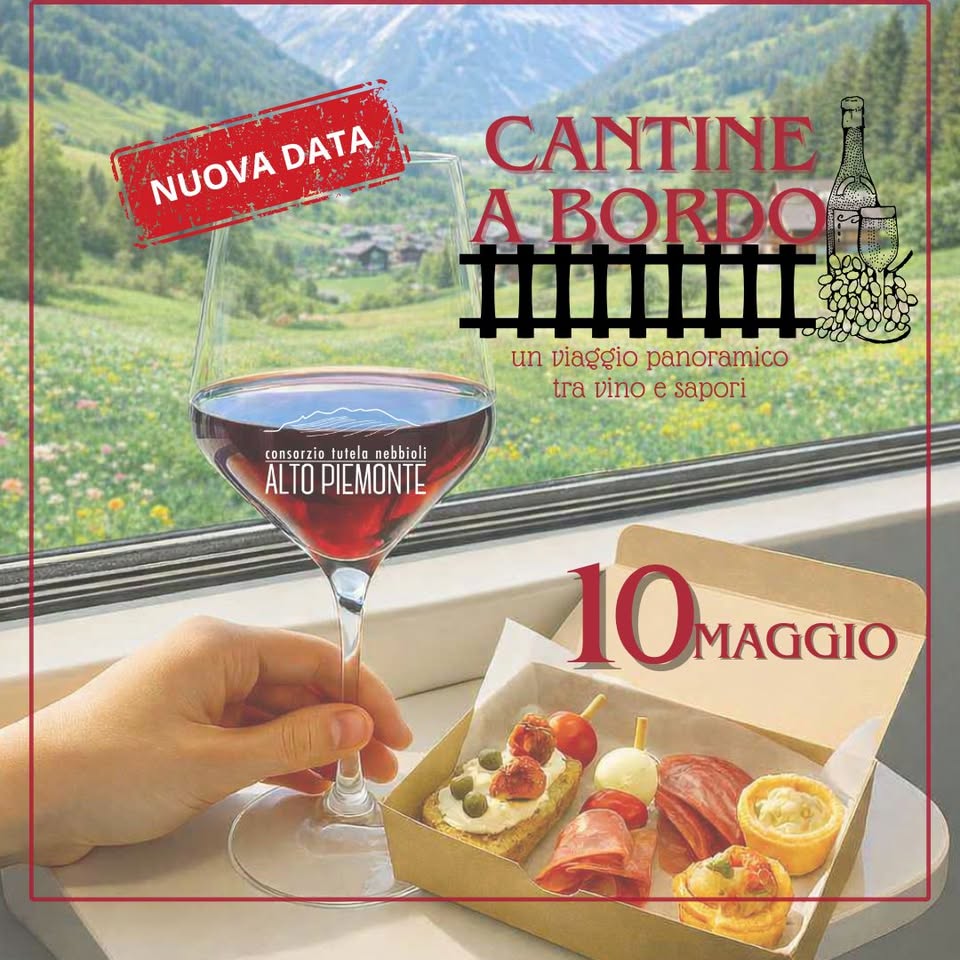 Potrebbe essere un'immagine raffigurante vino e il seguente testo "NUOVADATA NUOVA DATA NUOVA CANTINE A BORDO #Iii un viaggio panoramico vino e sapori conserzie_Tulele_nebbioli cons consorzi io tulelo nebbioli ALTOPIEMONTE ALTOPIEM ALTO 10MAcaюo MAGGIO"