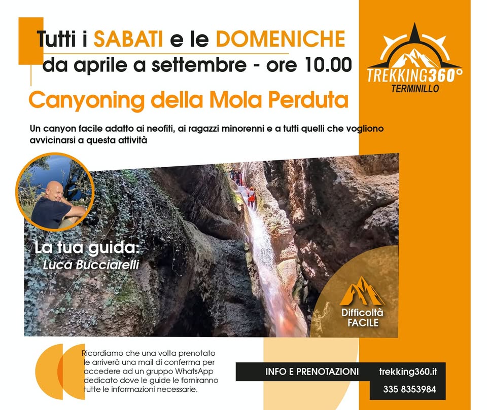 Evento Canyoning della Mola Perduta, Valle del Salto Locandina Canyoning della Mola Perduta, Valle del Salto - da sabato 18 aprile - domenica 27 settembre 2026 ore 10:00 ore 13:00