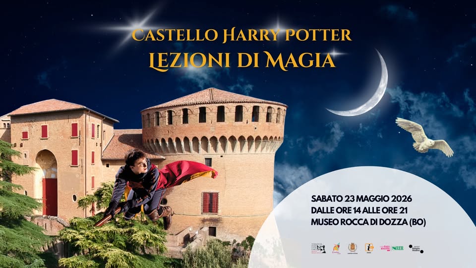 Castello Harry Potter – Lezioni di Magia Potrebbe essere un'immagine raffigurante Stari Most, castello e il seguente testo "CASTELLO CASTELLOHARRYPOTTER HARRY LEZIONI DI MAGIA Ltttrr SABATO 23 MAGGIO 2026 DALLE ORE 14 ALLE ORE 21 MUSEO ROCCA DI DOZZA DOZZA(BO) (BO) NRER"