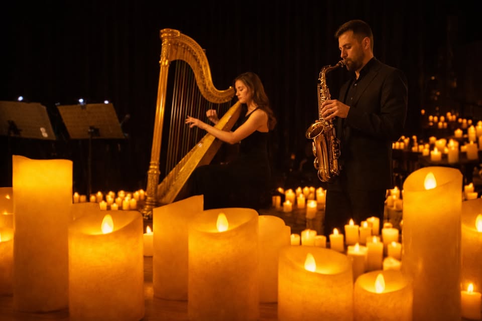 CONCERTO POP-JAZZ a lume di candela: SASSOFONO e ARPA presso l’Aula Magna del Liceo Verri a LODI Potrebbe essere un'immagine raffigurante oboe, portacandele, sassofono, clarinetto e arpa