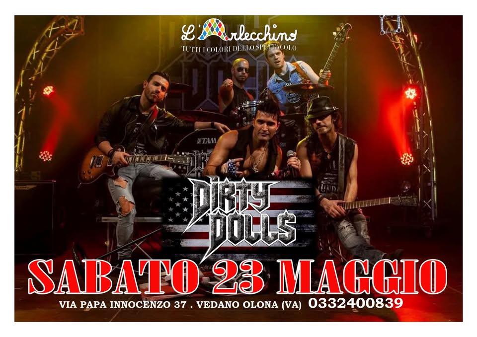 DIRTY DOLLS@L’Arlecchino Show Bar Potrebbe essere un'immagine raffigurante chitarra e testo