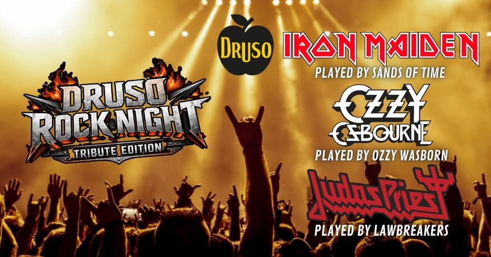 DRUSO Rock Night🤘IRON MAIDEN, OZZY OSBOURNE, JUDAS PRIEST Tribute Potrebbe essere un'immagine raffigurante chitarra e il seguente testo "DRUSO ROCKNIGHT ROCK TRIBUTE EDITION DRySO IRAN MAIDEN PLAYED BY SANDS OF TIME SZZY EBOURNE PLAYED BY OZZY WASBORN ع_اعمسام بله PLAYED BY LAWBREAKERS"