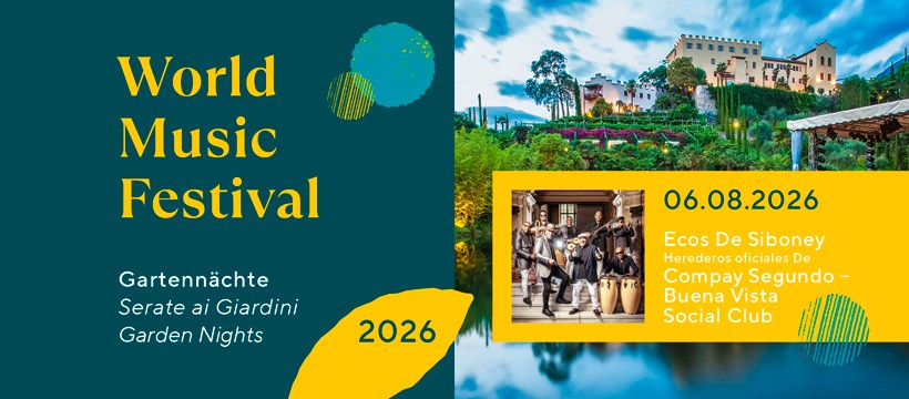 Ecos De Siboney-Herederos oficiales De Compay Segundo – Buena Vista Social Club Potrebbe essere un'immagine raffigurante il seguente testo "World Music Festival Gartennächte Serate ai Giardini Garden Nights 06.08.2026 Ecos De Siboney Herederos oficiales HerederosoficialesDe De Compay CompaySegundo- Segundo- Buena Vista Social Club 2026"