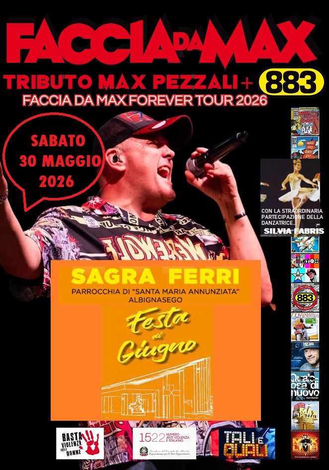 Faccia da Max-Tributo 883&Pezzali@Sagra dei Ferri Albignasego PD Potrebbe essere un'immagine raffigurante testo