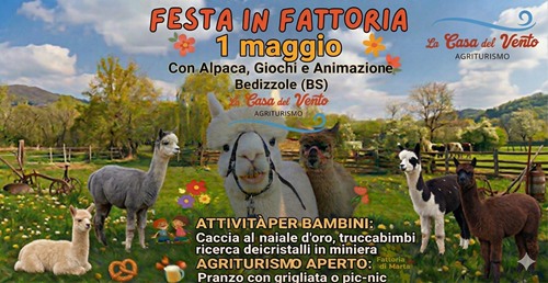 Evento Festa in Fattoria con Alpaca, Giochi e Natura per tutta la Famiglia! Bedizzole 1 maggio Locandina Festa in Fattoria con Alpaca, Giochi e Natura per tutta la Famiglia! Bedizzole 1 maggio - venerdì 1 maggio ore 10:00 - 18:00