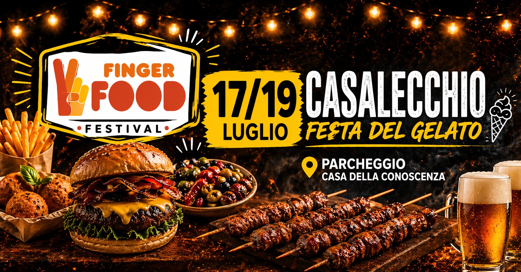 Potrebbe essere un'immagine raffigurante hamburger, gelato e il seguente testo "VFOOS FOOD FINGER 17/19 CASALI CASALECCHIO FESTIVAL. LUGLIO FESTA DEL GELATO PARCHEGGIO CASA DELLA CONOSCENZA"