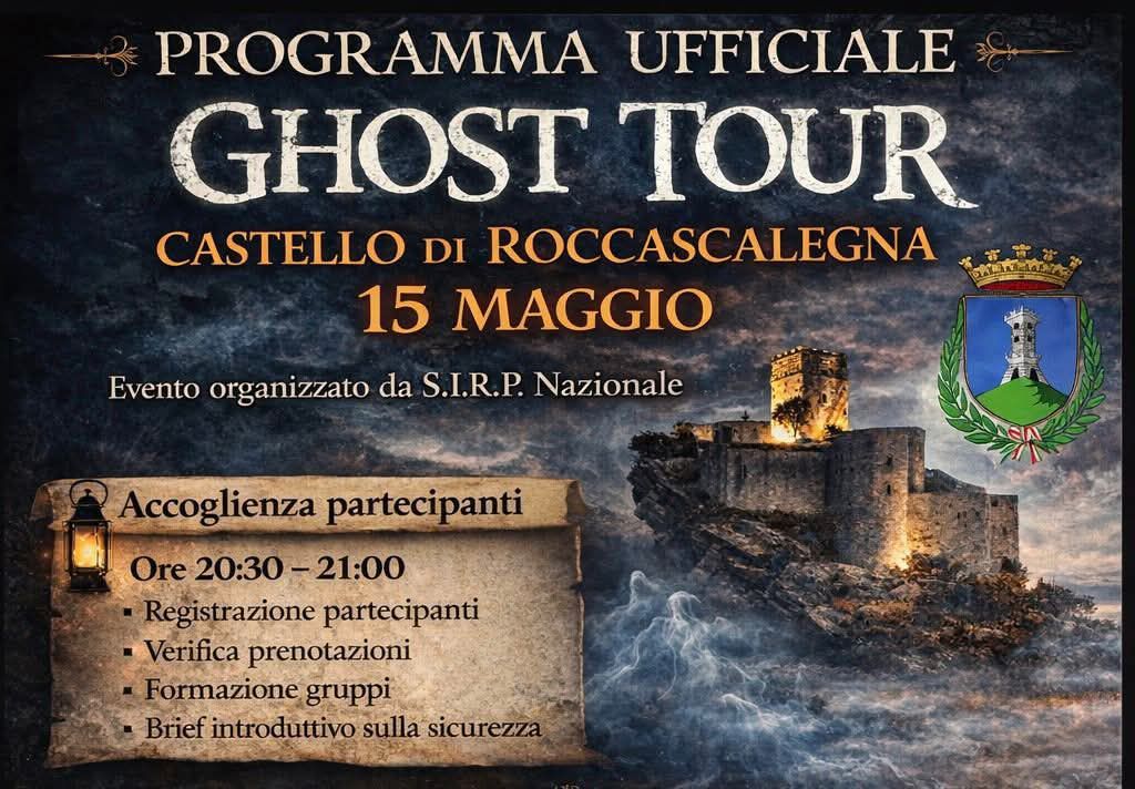 Ghost Tour Castello Medievale di Roccascalegna Potrebbe essere un'immagine raffigurante il seguente testo "PROGRAMMA UFFICIALE GHOST TOUR CASTELLO DI ROCCASCALEGNA 水酒た 15 MAGGIO Evento organizzato da S.I.R.P. Nazionale Accoglienza partecipanti Ore 20:30- -21:00 Registrazione partecipanti Verifica prenotazioni Formazione gruppi Brief introduttivo sulla sicurezza"