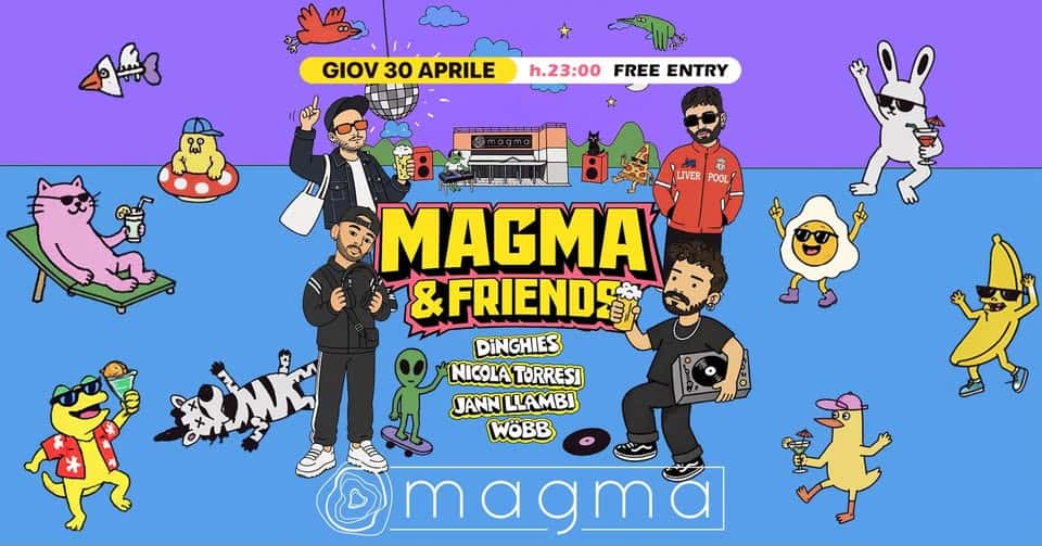 Potrebbe essere un disegno raffigurante ‎il seguente testo "‎GIOV 30 APRILE h.23:00 FREE ENTRY لم an0gm LIVER POOL פשיך ". ELAJROLA MAGMA & FRIEND DINGHIES NICOLA TORRESI JANN LLAMBI WÖBB ミツ @‎"‎