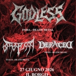 Godless (India DEATH METAL) + Barbarossa + Defaced (Swiss) Potrebbe essere un'immagine raffigurante il seguente testo "ETR ETRIRIAVLECIONFROMOTOXTRESET ETRURIAN LEGION PROMOTION PRESENTA: INDIA DEATH INDIA-DEATHMETAL INDIA-DEATH META मफতৃणजरस អម SWISS-DEATHMETAL SWISS DEATH METAL DEFACEO ITALIA-DEATILMETAL ITALIA- DEATI METAL 27 GIUGNO 2026 IL BORGO MONTEBELLO MONTEBELLOVICENTINO VICENTINO ORE 21:00 ""!!!!"