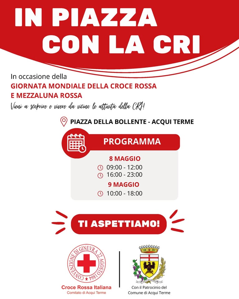 Evento In piazza con la CRI Locandina In piazza con la CRI - da venerdì 8 maggio - sabato 9 maggio 2026 ore 09:00 ore 18:00