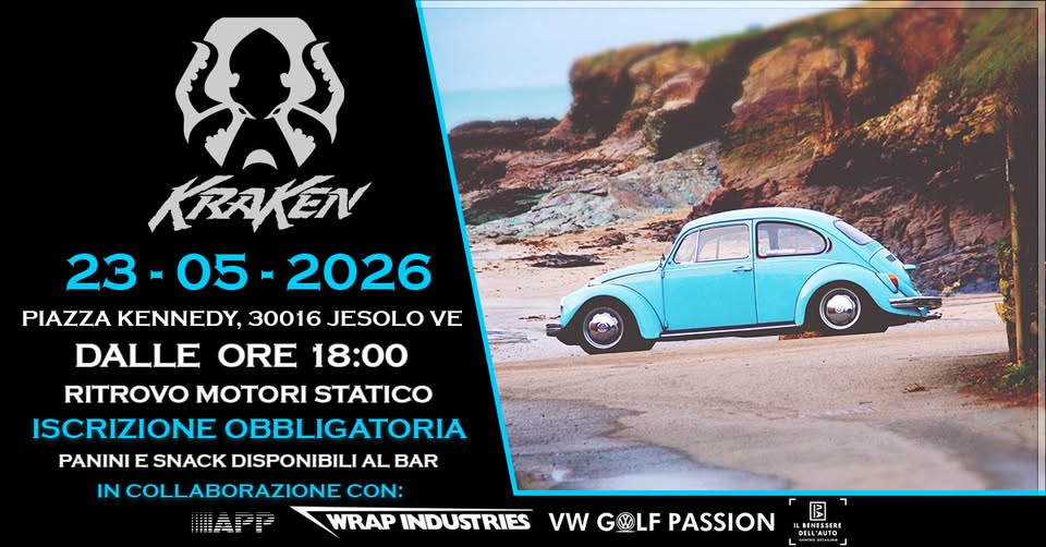 Evento Kraken Events – Ritrovo Motori Locandina Kraken Events – Ritrovo Motori - sabato 23 maggio ore 18:00 - 23:00