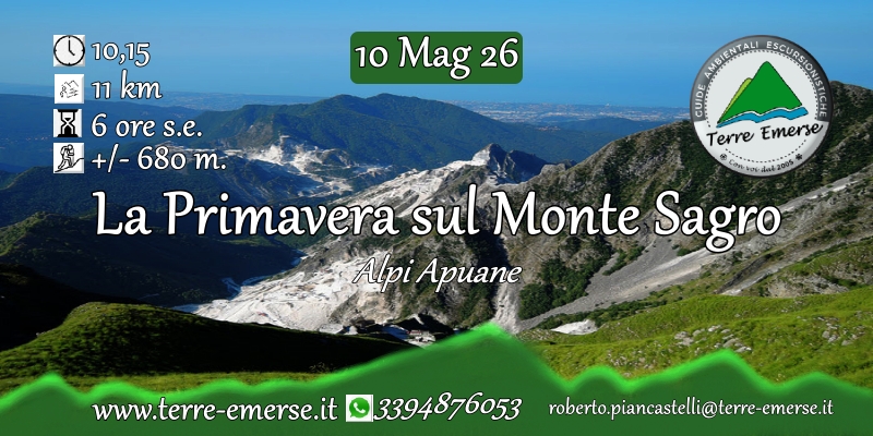 La Primavera sul Monte Sagro – Alpi Apuane – #trekking2026 Potrebbe essere un'immagine raffigurante il seguente testo "10 Mag 10Mag26 26 10,15 MELNA ዶ 11 km CUT x6 6 ores.e. ore s.e. Terre TerreEmerse Emerse +/-680 680 m. C....... kgs La Primavera sul Monte Sagro Alpi Apuane www.terre-emerse.it 3394876053 roberto.piancasteli@tere-emee roberto"