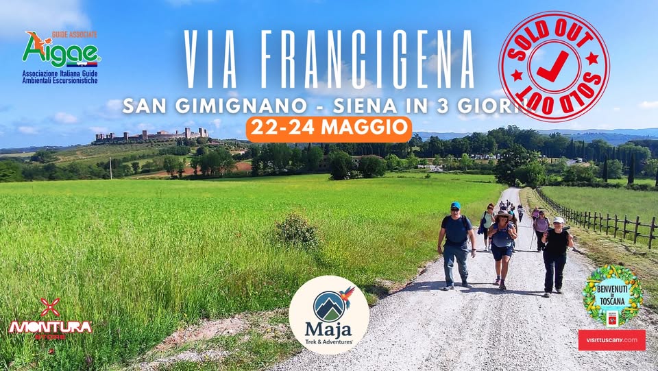 La Via Francigena in Toscana: San Gimignano – Siena (in 3 giorni) Potrebbe essere un'immagine raffigurante il seguente testo "Aigge SIO GUIDE ASSOCIATE Amora Associazione Italiana Guide Ambientali Escursionistiche VIA FRANGIGENA SOLO OUT SAN GIMIGNANO SIENA IN 3 GIOR GIORDO 00 DIS 22-24MAGGIO 22-24 MAGGIO こ年た MONTURA Maja Trek& Adventures BENVENUTI TOSCANA VisittuScany"