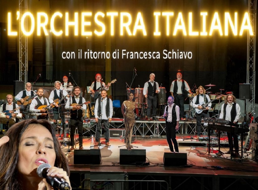 L’Orchestra Italiana Potrebbe essere un'immagine raffigurante il seguente testo "L'ORCHESTRA ITALIANA con il ritorno di Francesca Schiavo"