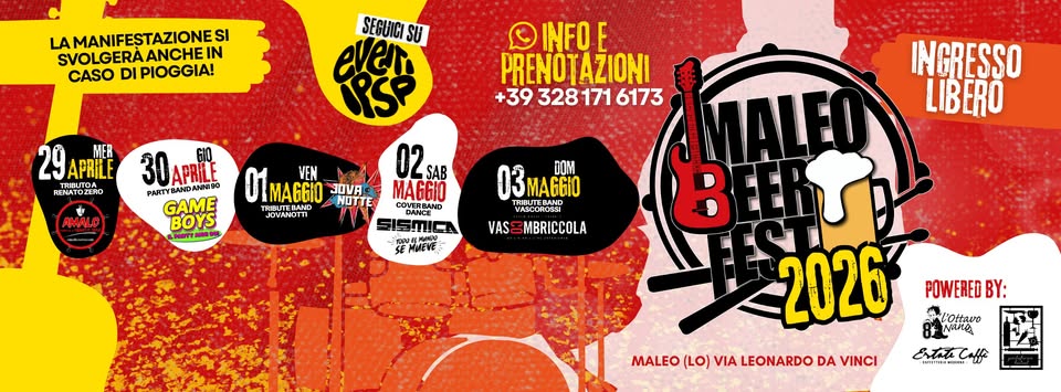 Evento Maleo Beer Fest 2026 Locandina Maleo Beer Fest 2026 - da mercoledì 29 aprile - sabato 2 maggio 2026 ore 19:00 ore 01:30