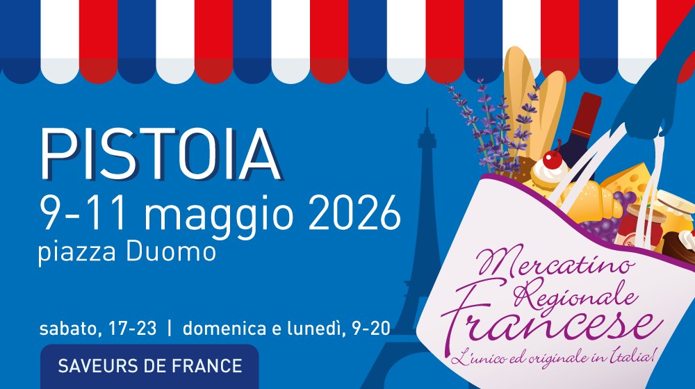 Mercatino Regionale Francese – Pistoia Potrebbe essere un'immagine raffigurante il seguente testo "PISTOIA 9-11 maggio 2026 piazza Duomo sabato, 17-23 I domenica e lunedì, 9-20 SAVEURS DE FRANCE Mercatino rancese Regionale Lunico Francese unico ed originale in Ctalia!"