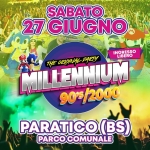 Millennium 90/2000 • Parco Comunale – Paratico (BS) Potrebbe essere un'immagine raffigurante il seguente testo "PAOLO GIUS mana 27 GIUGNO VOUrAHE INGRESSO LIBERO MLLENNIUM PARTY THE ORIGINAL 90*s/2000 PARATICO (BS) PARCOCOMUNALE PARCO START ORE 21:30"