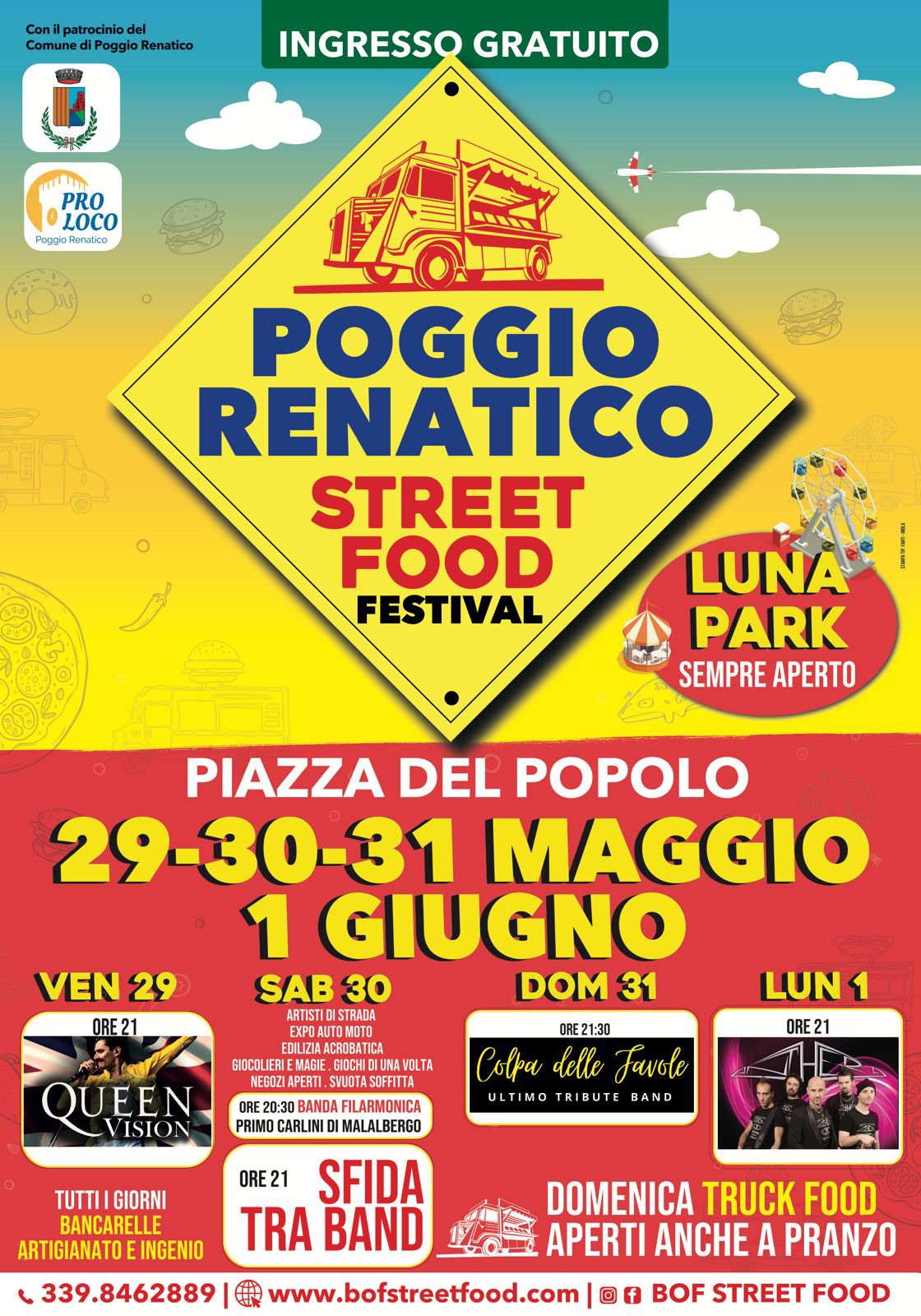 💥🍻 POGGIO STREET FOOD FESTIVAL 🍔🎶 PIAZZA DEL POPOLO Potrebbe essere un'immagine raffigurante il seguente testo "Coni patrocinio del Comune iPoggio diPoggioRenatico Renatico INGRESSO GRATUITO PRO LOCO Poggio PoggioFenatico Fenatico Sconsiona ဝသူ့ POGGIO RENATICO STREET FOOD FESTIVAL Maw 29-30-31 MAGGIO 1 GIUGNO DOMENICA TRUCK FOOD APERTI ANCHE A PRANZO PIAZZA DEL POPOLO 339.8462889 www.bofstreetfood.com BOF STREET FOOD"