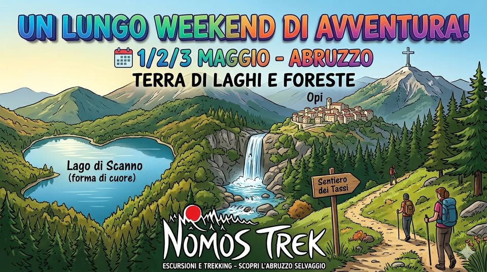 📍Ponte del 1 Maggio tra laghi e foreste nel parco d’Abruzzo con Nomos Trek 🌳 Potrebbe essere un'immagine raffigurante camping e il seguente testo "UN LUNGO WEEKEND DI AVVENTURA! · " - 1/2/3 MAGGIO - ABRUZZO TERRA DI LAGHI E FORESTE Opi 聞 Lago di Scanno (forma (formadicuore) di cuore) Sentiero dei Tassi NOMOS TREK ESCURSIONI E TREKKING -SCOPRI L'ABRUZZO SELVAGGIO"