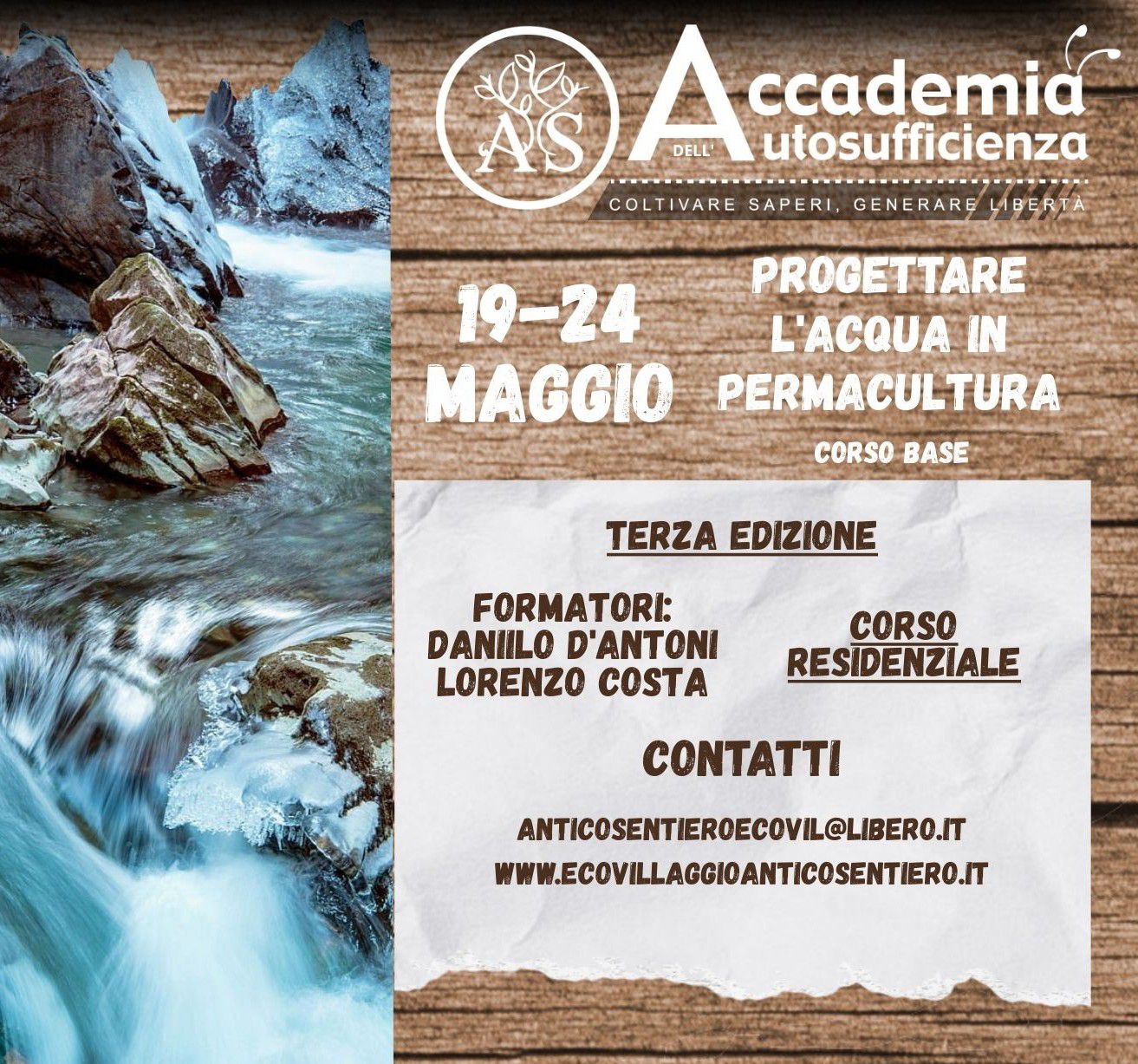 Evento Progettare l’acqua in permacultura – Corso Base Locandina Progettare l’acqua in permacultura – Corso Base - da martedì 19 maggio - domenica 24 maggio 2026 ore 09:00 ore 18:00
