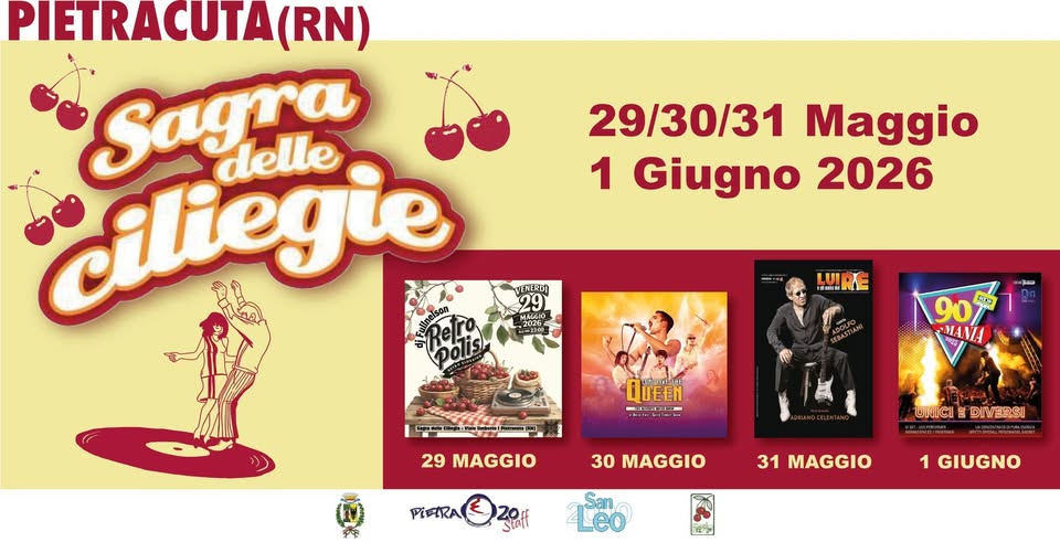Evento Sagra delle Ciliegie Pietracuta 2026 La “Festa dal Zarisi” torna a farci sognare! Locandina Sagra delle Ciliegie Pietracuta 2026 La “Festa dal Zarisi” torna a farci sognare! - da venerdì 29 maggio - lunedì 1 giugno 2026 ore 19:00 ore 23:45