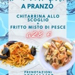 SCOGLIO+ FRITTO DI PESCE A 28 € Potrebbe essere un'immagine raffigurante pasta e il seguente testo "Domenica 19 Aprile A PRANZO CHITARRINA ALLO SCOGLIO FRITTO MISTO DI PESCE a28 € PRENOTAZIONI 3291464457 FULLMOONCERVIA VIALE TRITONE 85/A CERVIA"
