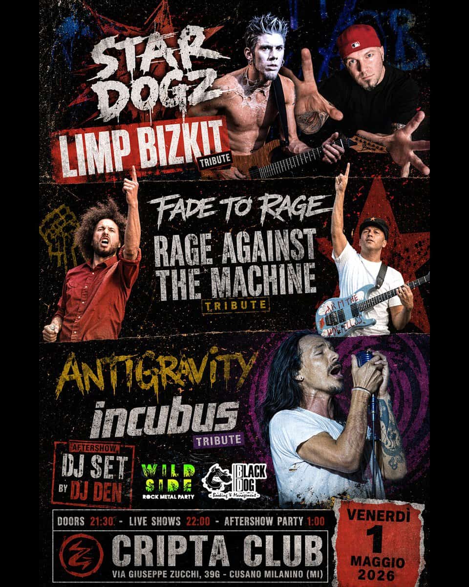 Star Dogz (LIMP BIZKIT) + Fade To Rage (RATM) + Antigravity (INCUBUS) live @ La Cripta Club, Cusano Potrebbe essere un'immagine raffigurante testo