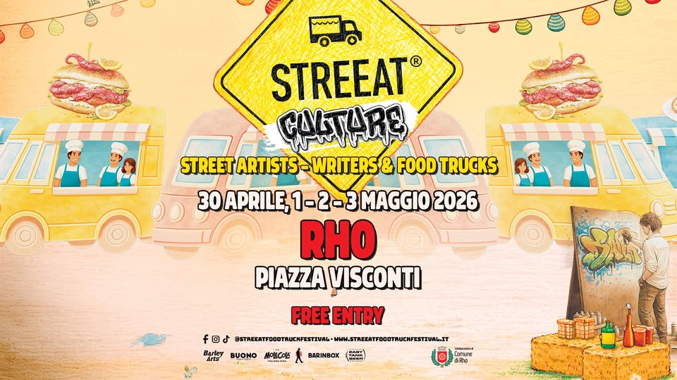 Potrebbe essere un'immagine raffigurante strada e il seguente testo "o STREEAT CALTARS STREET ARTISTS WRITERS& FOOD TRUCKS 00 30APRILE, 30 1-2-3 MAGGIO 2026 RHO PIAZZA VISCONTI FREEENTRY FREE ENTRY f fod 32.../ .WWW.STAEEATOOOTRUENGESTIVALET BAлey dits K 夫 BARINBOX IEER EANK BUONO Comng Comune dikho"