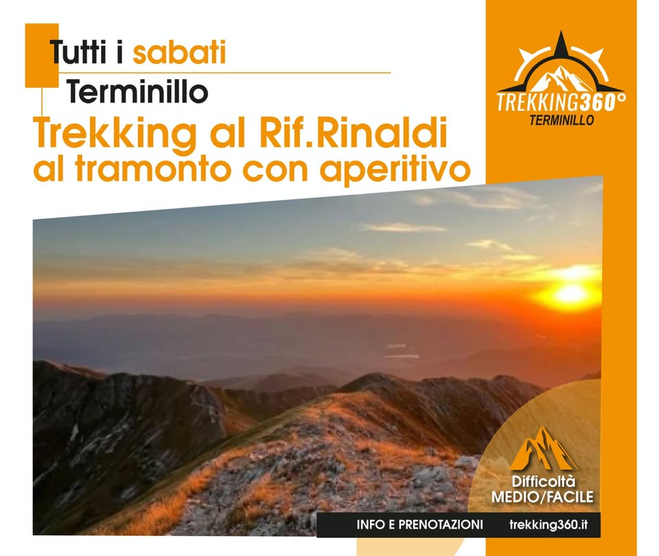 Terminillo, trekking al tramonto con aperitivo al Rifugio Rinaldi Potrebbe essere un'immagine raffigurante il seguente testo "Tutti i sabati Terminillo Trekking al Rif.Rinaldi al tramonto con aperitivo TREKKING360° TERMINILLO ላቴ Difficoltà MEDIO/FACILE FACILE MEDIO/ INFO E PRENOTAZIONI trekking360.it"