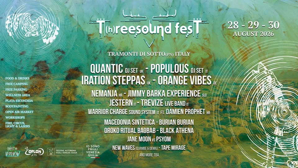 Evento T(H)Reesound Fest 2026 Locandina T(H)Reesound Fest 2026 - da venerdì 28 agosto - domenica 30 agosto 2026 ore 13:00 ore 22:00