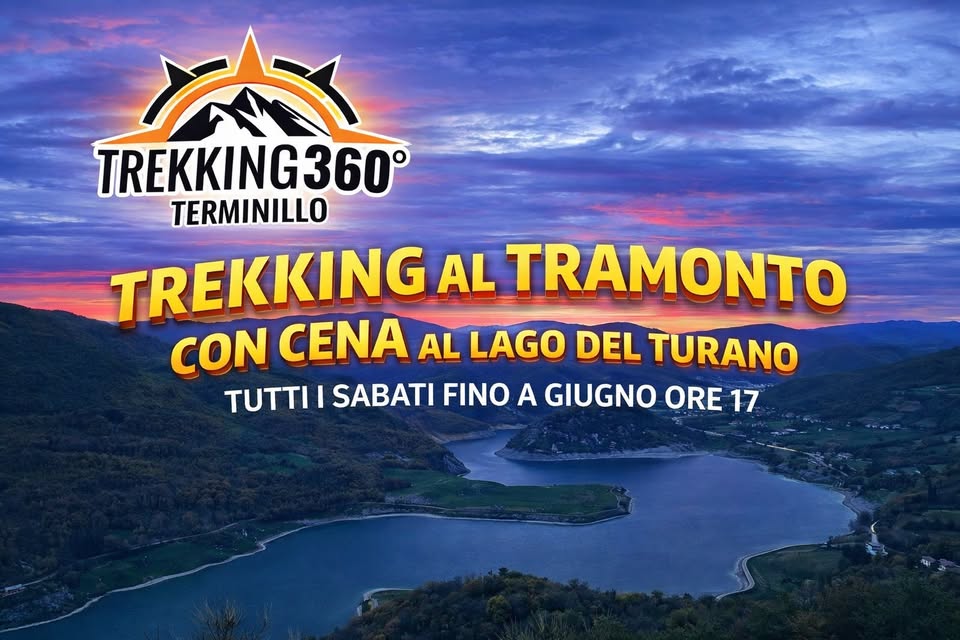 Evento Trekking Al Tramonto Con Cena – Lago Del Turano Locandina Trekking Al Tramonto Con Cena – Lago Del Turano - da sabato 11 aprile - sabato 27 giugno 2026 ore 17:00 ore 21:00