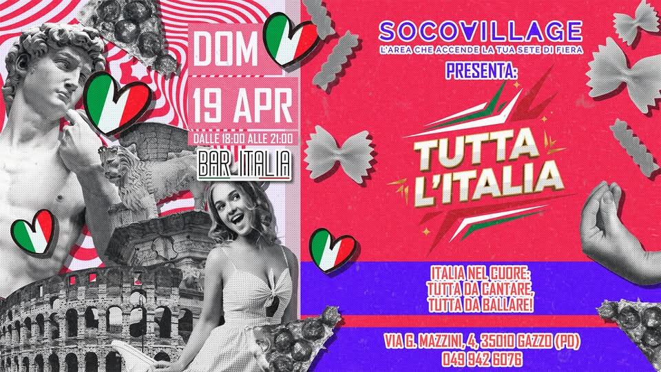 TUTTA L’ITALIA 🇮🇹 | BAR ITALIA Potrebbe essere un contenuto di pop art raffigurante il seguente testo "SOCOVILLAGE L'AREA CHE ACCENDE LA TUA SETE D FIERA PRESENTA: ១០០ DOM 19 APR DALLE 18:00 ALLE 21:00 BAR BARLITALIA TUTTA L'ITALIA በለንንንት ITALIA NEL CUORE: TUTTADA TUTTADAIGANTARE GANTARE, TWTTΑ BALLARE! VIA G. MAZZINI, 4, 35010 GAZZO (PD) 049 942 0499426076 6076"