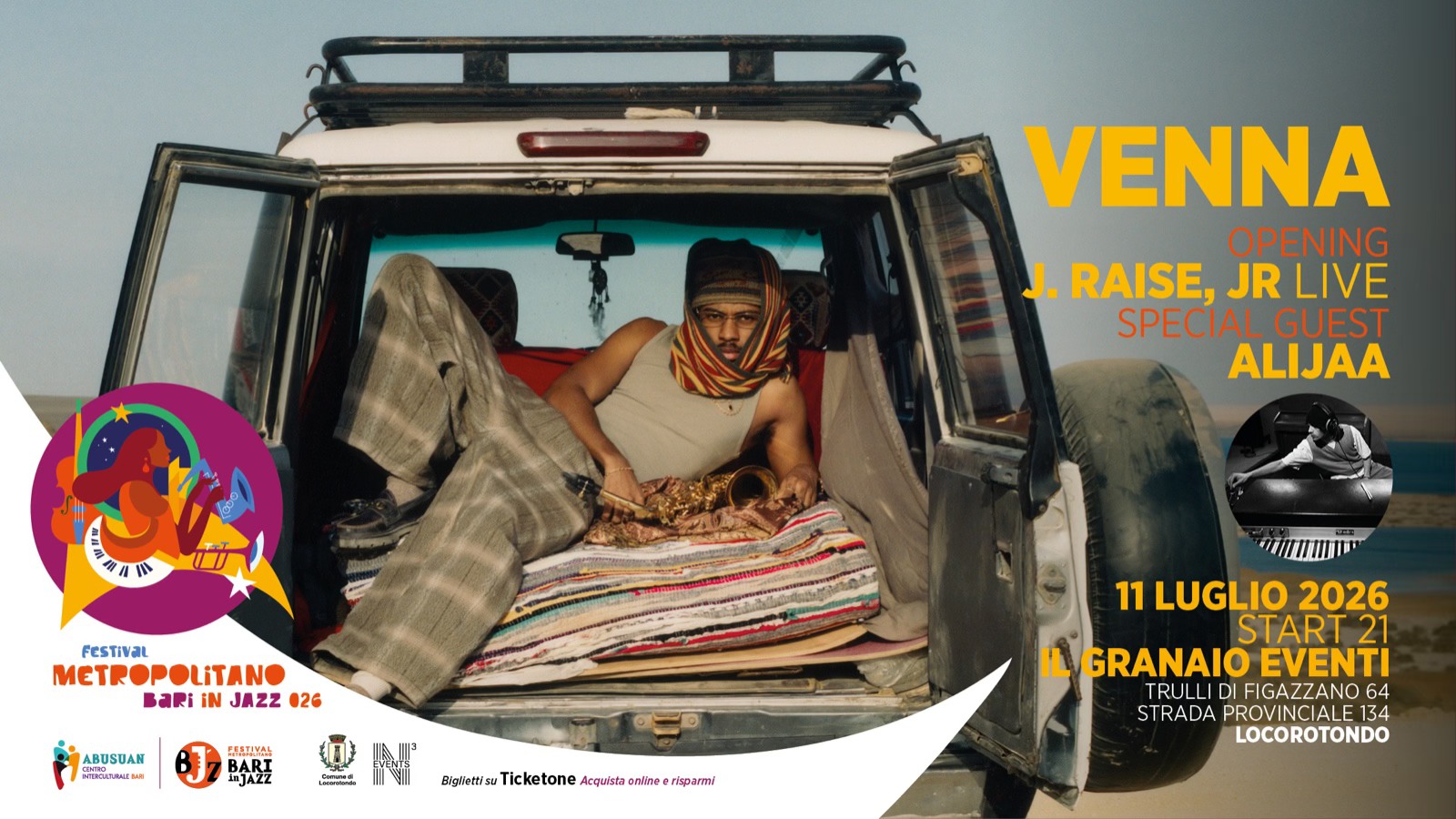 VENNA | Opening J. Rise live + special Guest Alijaa per Bari in Jazz 2026 Potrebbe essere un'immagine raffigurante testo