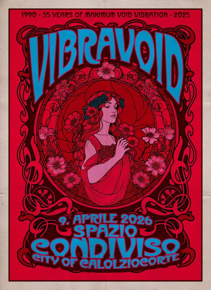 Potrebbe essere un'immagine raffigurante il seguente testo "1990- 35 YEARS OF നയനധന VOID VIBRATION 2025 APRILE 2026 SPAZIO CONDIVISO cATy OF CALOLZIOCORTE"