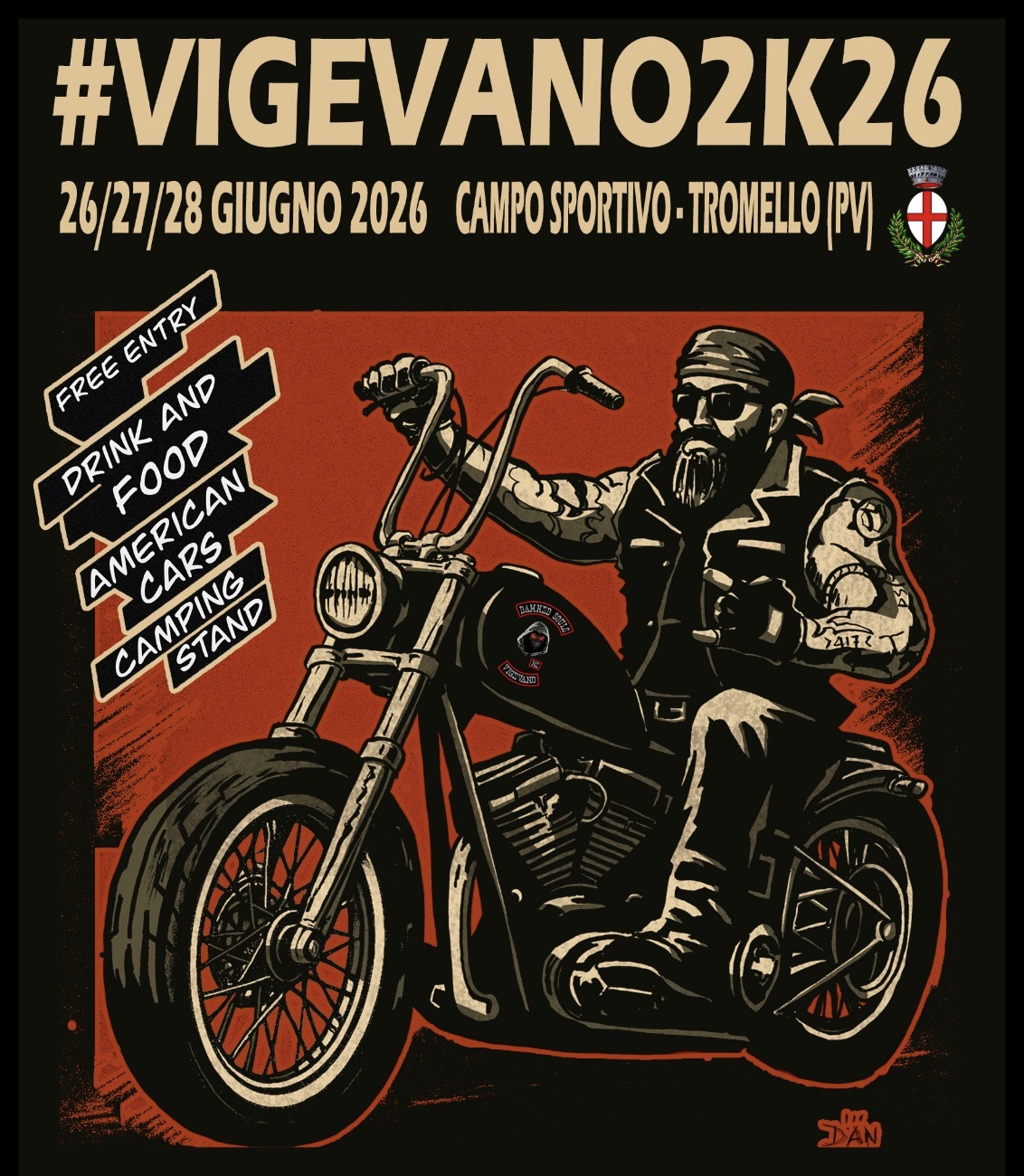 #VIGEVANO2K26 Potrebbe essere un'immagine raffigurante motocicletta e il seguente testo "#VIGEVANO2K26 26/27/28 28 GIUGNO 2026 CAMPO SPORTIVO TROMELLO CAMPOSPORTIVO-TROMELLO/PVI y 网 IRECANTE FREE FREE ENTRY AND DRINK FOOD MERICAN CARS AMPING STAND ซีคง"