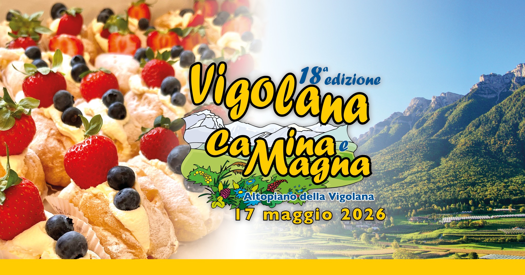 VIGOLANA CAMINA E MAGNA 2026 – 18esima EDIZIONE Potrebbe essere un'immagine raffigurante il seguente testo "Vigolana 18° edizione camiagna Magna ina Altopiano della AltopianodellaVigolar Vigolana 17 maggio 2026"