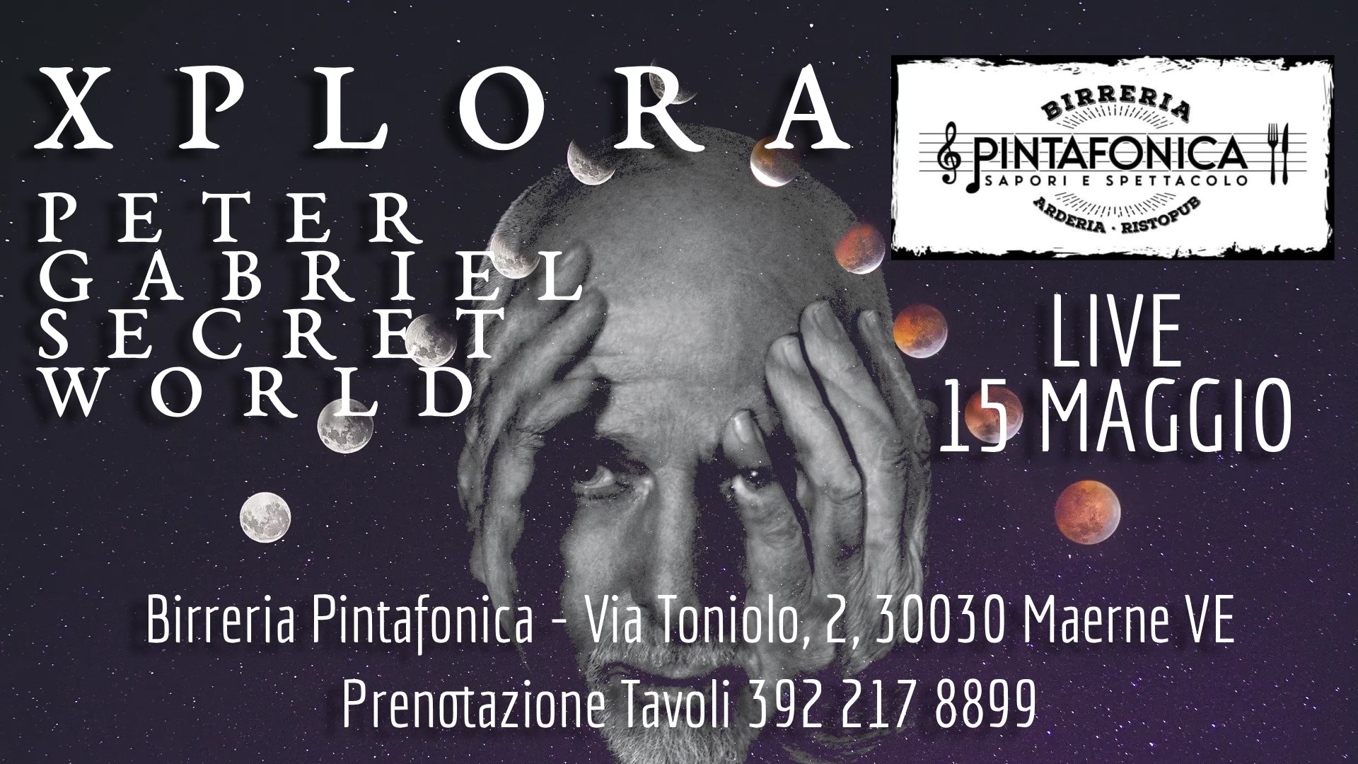 Xplora – Peter Gabriel Tribute LIVE @ Pintafonica – Maerne (VE) Potrebbe essere un'immagine raffigurante sassofono, chitarra, illuminazione, violino e fisarmonica
