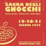 15ª Sagra degli Gnocchi Potrebbe essere un'immagine raffigurante il seguente testo "M SAGRA DEGLI XV EDIZIONE onino GNOCCHI a ER Bengg Cucina locale I Musica livel I Dolci tipici 19-20-21 19-2 GIUGNO 2026 iin centro Sportivo c. Caricchia PANTULIANO (CE) オ mepxo"